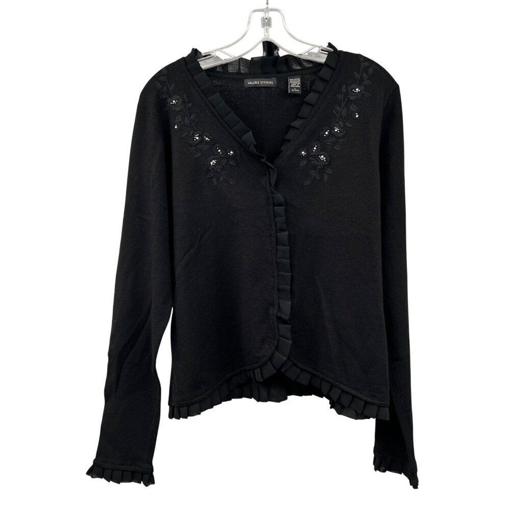 Valerie Stevens Cardigan Ruffle Embellished Long Sleeve Black Size Large Snaps